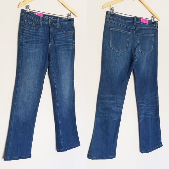 NEW SPANX Women's 28 Slim X Bootcut Jeans Blue Stretch Flare Denim "Hemmed" 27.5 - Picture 1 of 14